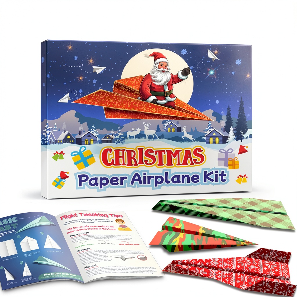 Installing Pelto Christmas Paper Airplane Kit Kids Crafts 60 Sheets on a wooden desk