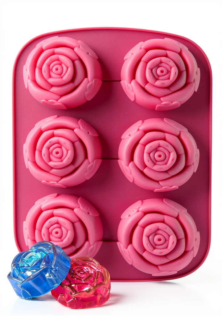 YJWYDM silicone rose mold filled with pink soap mixture
