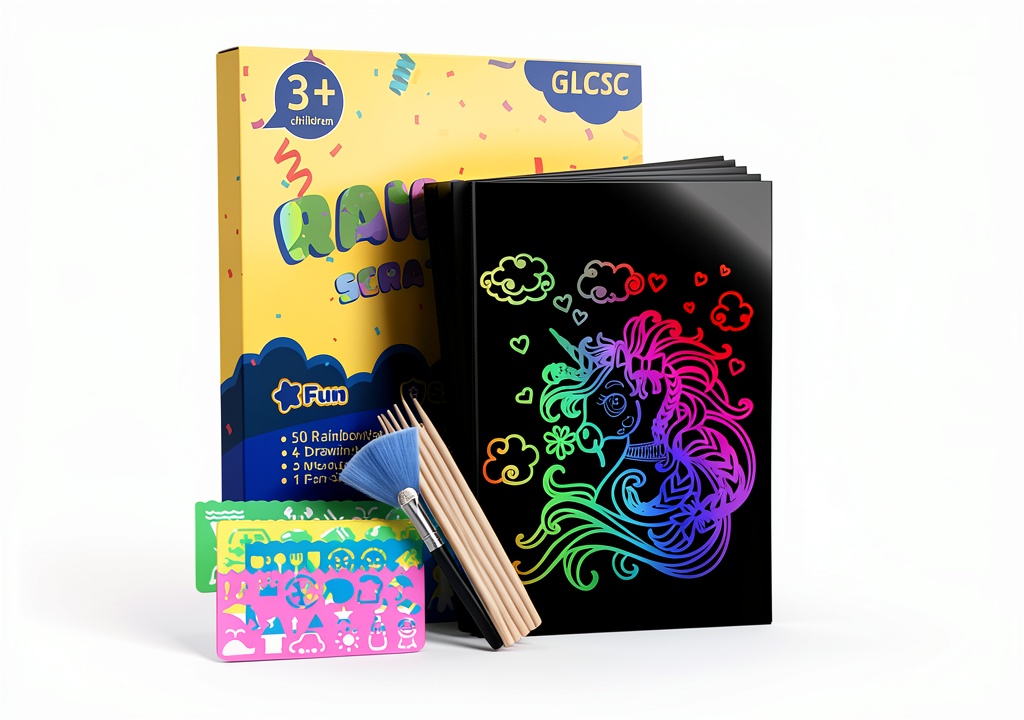 GLCSC Rainbow Scratch Art Kit with open gift box and sample crafts