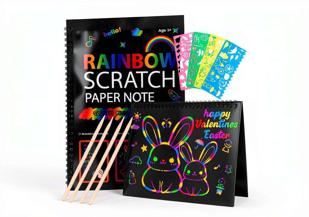 Installing Scratch Art Kit Cvvdycago Kids Paper Set Colorful on a wooden desk