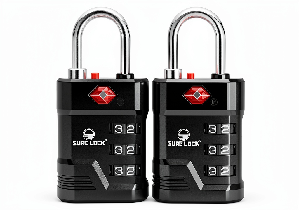 SURE LOCK TSA luggage lock attached to a suitcase zipper