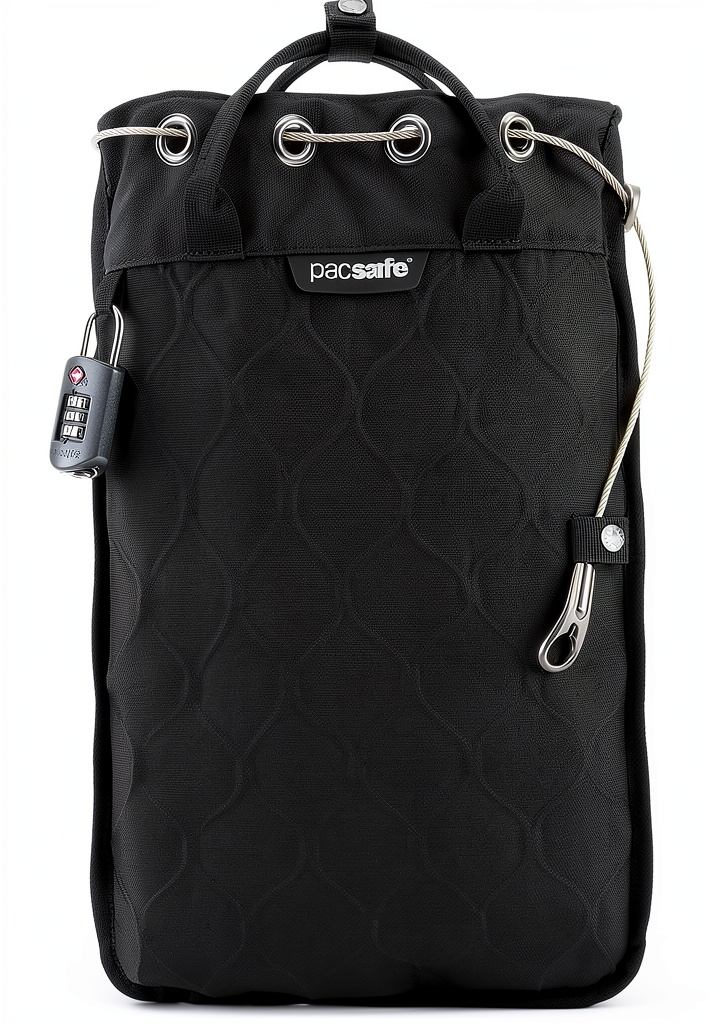 Installing Pacsafe Anti-Theft Travel Lock Bag Black 5L on a hotel desk rail