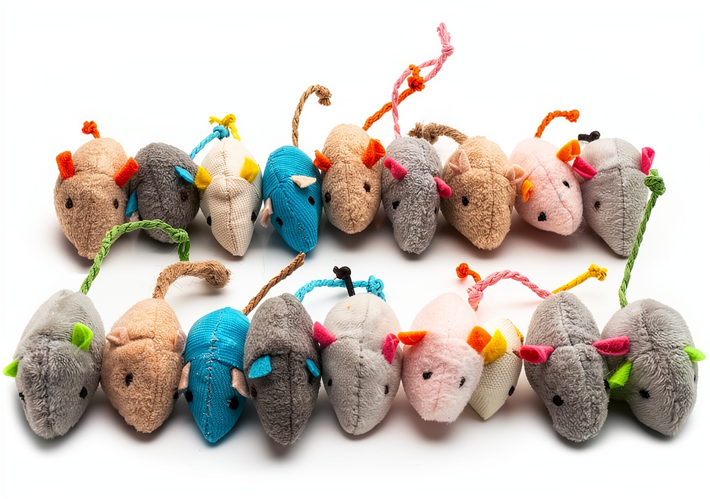 Installing Fashion's Talk Cat Mice Toy 18-Pack Plush Catnip-Filled Mice Toys for Indoor Cats - Realistic Design, 9 Assorted Colors, 2 of Each, Value Pack on a wooden desk