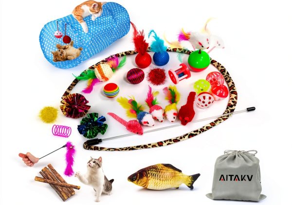 Cat Toys AILUKI 35PCS Kitten Toys Tunnel Feather Teaser Catnip Fish-0